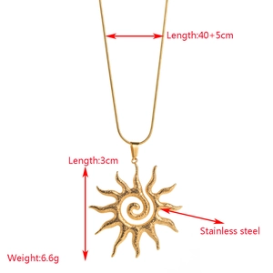 Gold stainless steel sun flower pendant necklace with size details on white background