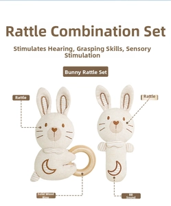Detail of organic cotton baby rattle set with natural wooden ring and plush bunny design