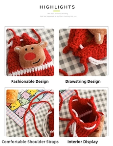 Detail view of handmade crochet Christmas reindeer bag with drawstring and strap
