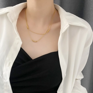 Elegant 18K gold-plated double-layer beaded titanium steel necklace for women
