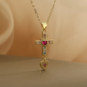 Vintage Gold Plated Copper Cross Pendant Necklace With Colorful Zircon Heart Stone For Women Fashion Jewelry