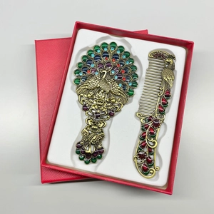 Vintage metal peacock mirror and comb set with colorful enamel rhinestones in gift box