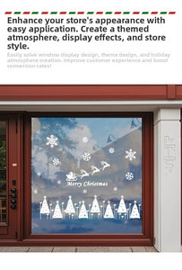 White Christmas window decals with Santa Claus sleigh and reindeer on glass storefront