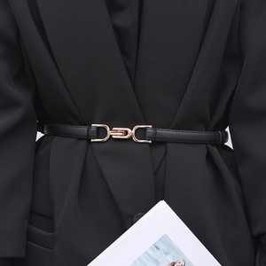 Women Thin PU Leather Belt Simple Fashion Skinny Waist Belt With Gold Alloy D-Buckle For Dresses Coats Sweaters