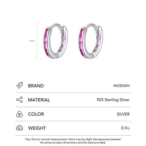 S925 sterling silver hoop earrings with pink rectangular zircon stones and size guide