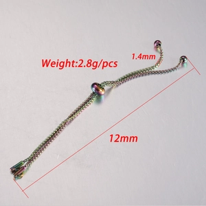 Rainbow stainless steel adjustable bolo bracelet chain with measurements and weight details