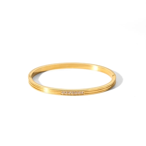 Detail of thin 18k gold plated stainless steel bracelet with row of clear zircon stones