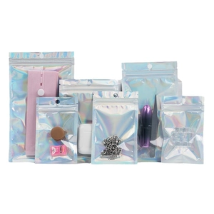 Holographic resealable bags in various sizes with clear front and rainbow laser finish