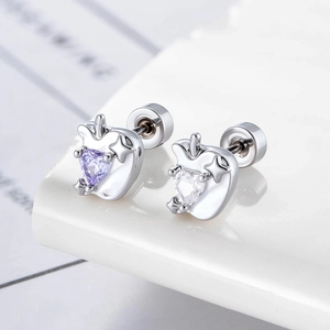 Silver apple-shaped stud earrings with heart zirconia in purple and clear stones