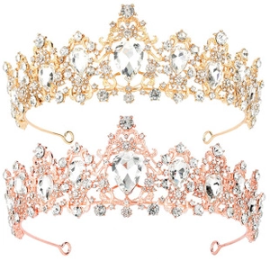 Detailed comparison of baroque bridal crowns in gold and rose gold finishes with crystals