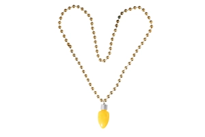 Golden chain necklace with yellow bulb pendant arranged in a heart shape on white background