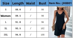 Size chart with length and bust measurements for a slim V-neck sleeveless summer dress