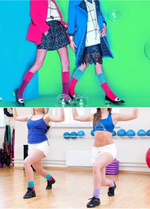 Detailed views of colorful slouch socks in fashion settings and gym workout scenarios