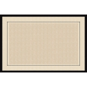 French vintage beige living room rug with woven texture and black zigzag border accents