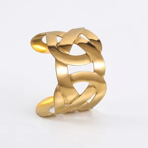 Fashion Wide Hollow Cross Twisted Cuff Bracelet 18K Gold Plated Stainless Steel Open Adjustable Statement Bangle Women