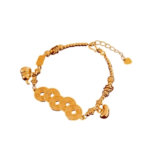 Chinese gold coins and hollow gourd pendants on a vintage brushed matte bracelet