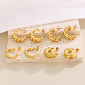 Créoles Acier Inoxydable En C Plaquées Or Texture Corde Bijoux Géométriques Pour Femmes Style Luxe Français