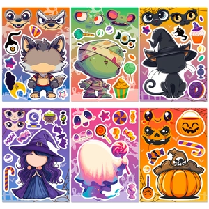 6-sheet set of Halloween cartoon puzzle stickers with witches pumpkins and ghosts