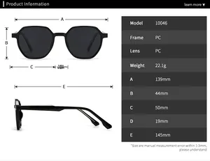 Detailed size guide and specifications for round polarized sunglasses model 10046