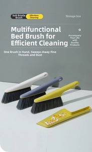Macro view of soft cleaning brush bristles with dustpan set for household furniture