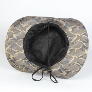 Detail view of camouflage sun hat with adjustable chin strap and breathable inner lining