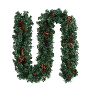 2.7m Christmas garland with dense pine needles, cones and red berries on white background