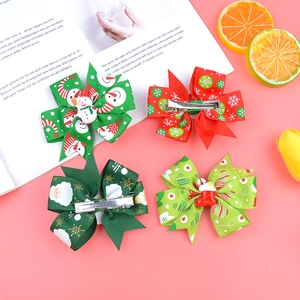 Christmas ribbon bow hair clips set with snowman and snowflake patterns for kids