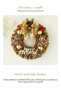 Close-up of Christmas wreath with golden bow, red berries, pine cones and warm LED lights