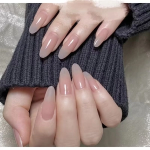 Handmade Glossy Nude Pink Gradient Press On Nails Jelly Texture Long Coffin Almond Shape Artificial Fake Nails For Women