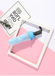 Detail view of sky blue folding umbrella with matching clear storage case and wrist strap