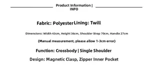 Detailed size chart and material specs for the leopard print canvas shoulder bag