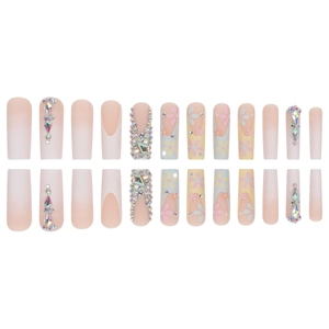 Long trapezoid press-on nails with colorful floral art and sparkling rhinestone inlays