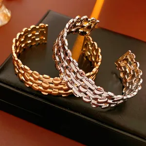 Geometric Hollow Woven Cuff Bracelet Multi Layer Iron Metal Bangle Vintage Fashion Jewelry For Women Gold Silver Tone