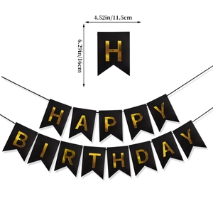 Detail view of black and gold Happy Birthday banner with specific card dimensions