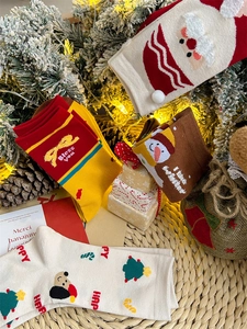Detailed knit patterns of Christmas crew socks with Santa and snowman motifs