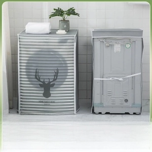 Macro detail of waterproof washing machine cover with gray stripes and elk print