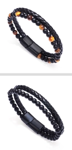 Detailed view of men's double-layer braided leather bracelet with tiger eye beads and magnetic clasp