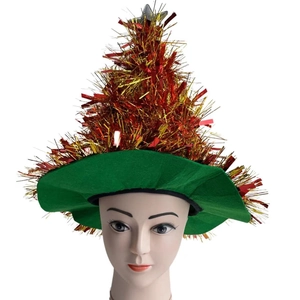 Christmas Tree Hat Tinsel Festive Party Hat Green Red Sparkling Star Top Costume Hat Adults Holiday Novelty Headwear