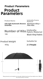Detailed specs of the 10-rib automatic reverse umbrella with LED light and black coating