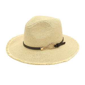 Straw Fedora Hat With Frayed Edge PU Leather Band Metal Buckle Wide Brim Summer Beach Sun Protection For Women Men