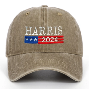 Detail of Harris 2024 embroidery and washed cotton fabric on khaki baseball cap