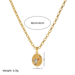 Gold stainless steel chain necklace with hand-painted dove and moon pendant