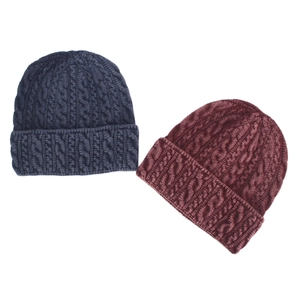 Winter cable knit beanie set in navy blue and burgundy with cuffed warm design