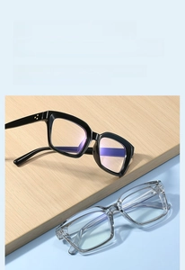 Detail of square glasses frame with metal rivets on temple showing lightweight design