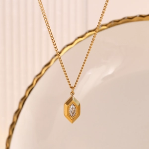 18K gold plated stainless steel necklace with diamond-set hexagonal pendant for women