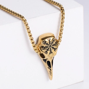 Gold Nordic Viking raven skull pendant necklace with engraved Vegvisir compass symbol