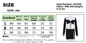 Size chart showing measurements for the lace-up long sleeve crop top and mini skirt set
