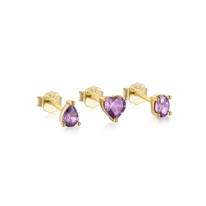 S925 sterling silver purple crystal heart and teardrop stud earrings in gold finish