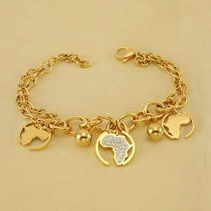 Bracelet À Charms Carte De L'Afrique Acier Inoxydable Plaqué Or 18K Strass Double Chaîne Bijoux Pour Femmes