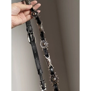 Y2K punk leather waist chain with silver geometric metal charms and embossed decorations